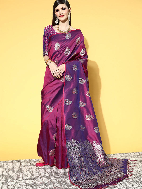 Women's Silk Blend Pink Woven Design Saree With Blouse Piece - Odette