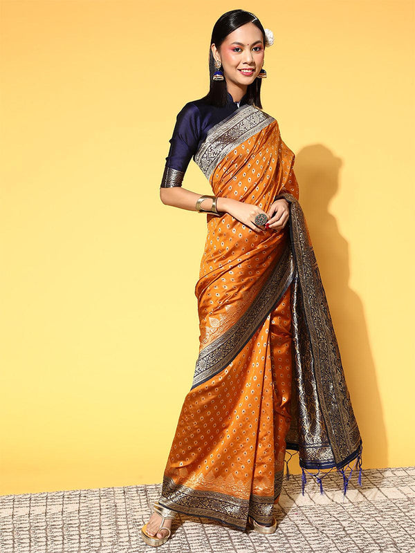 Women's Silk Blend Mustard Woven Design Saree With Blouse Piece - Odette