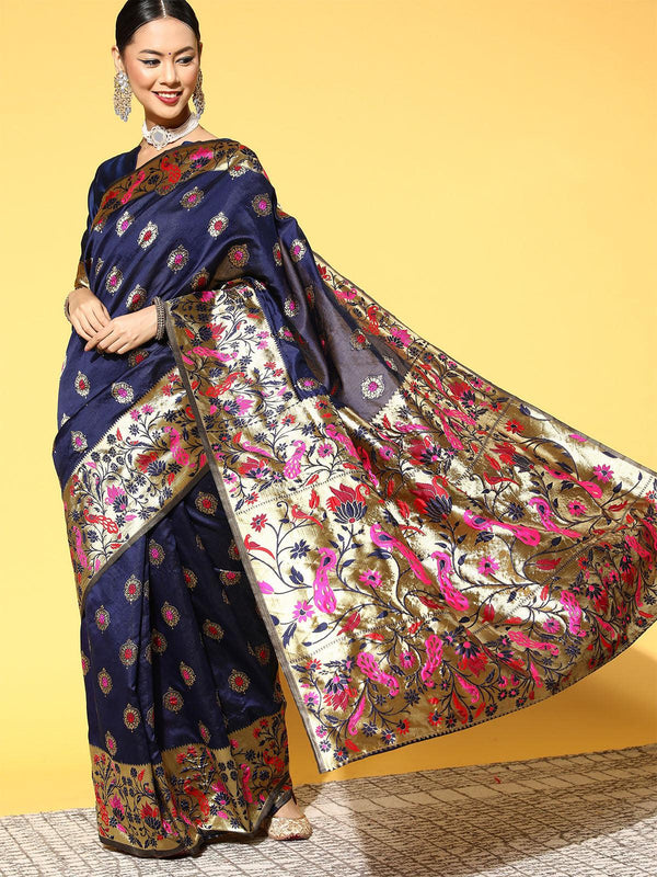 Women's Silk Blend Navy Blue Woven Design Saree With Blouse Piece - Odette