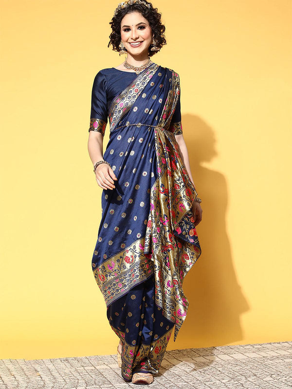 Women's Silk Blend Navy Blue Woven Design Saree With Blouse Piece - Odette