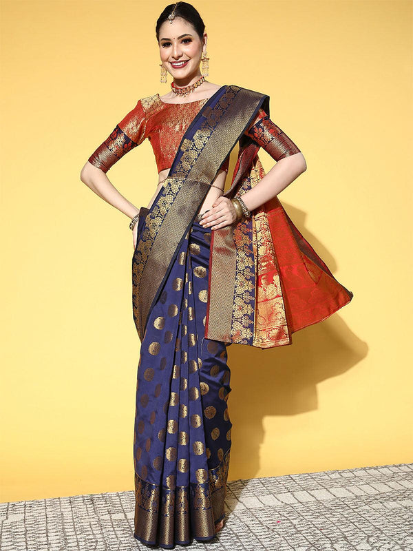 Women's Silk Blend Navy Blue Woven Design Saree With Blouse Piece - Odette