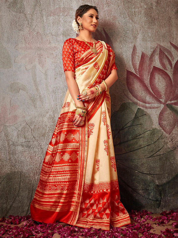 Women's Silk Blend Off White And Red Printed Designer Saree - Odette