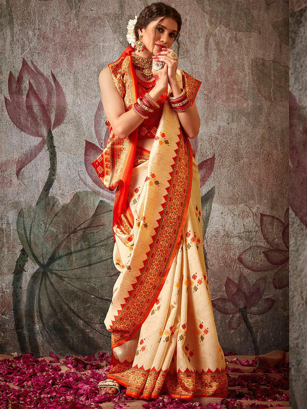 Women's Silk Blend Off White And Red Printed Designer Saree - Odette