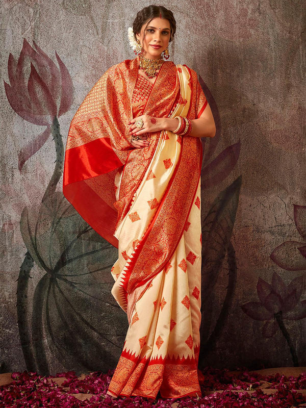 Women's Silk Blend Off White And Red Printed Designer Saree - Odette