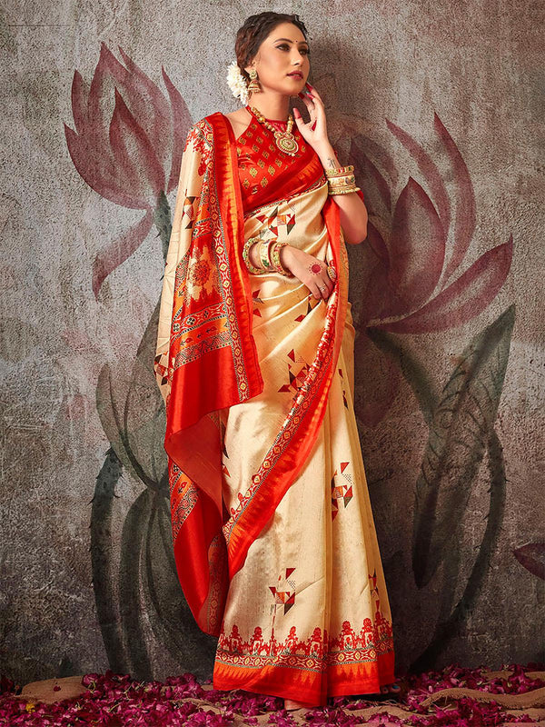 Women's Silk Blend Off White And Red Printed Designer Saree - Odette