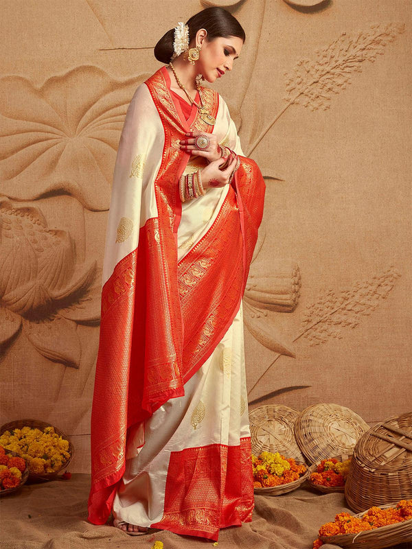 Women's Silk Blend Off White And Red Woven Designer Saree - Odette