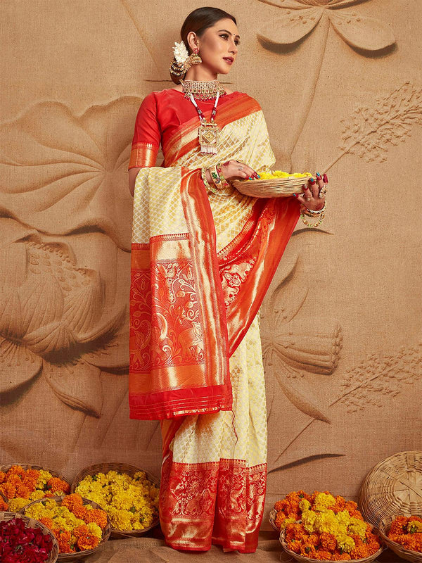 Women's Silk Blend Off White And Red Woven Designer Saree - Odette