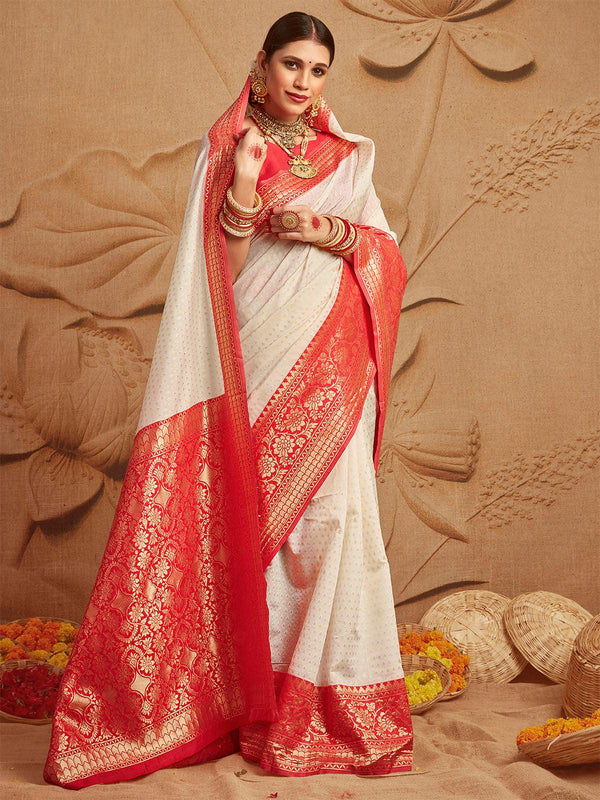 Women's Silk Blend Off White And Red Woven Designer Saree - Odette