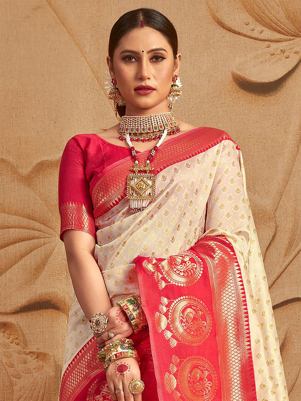 Women's Silk Blend Off White And Red Woven Designer Saree - Odette