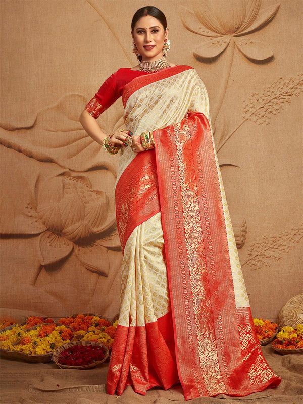 Women's Silk Blend Off White And Red Woven Designer Saree - Odette