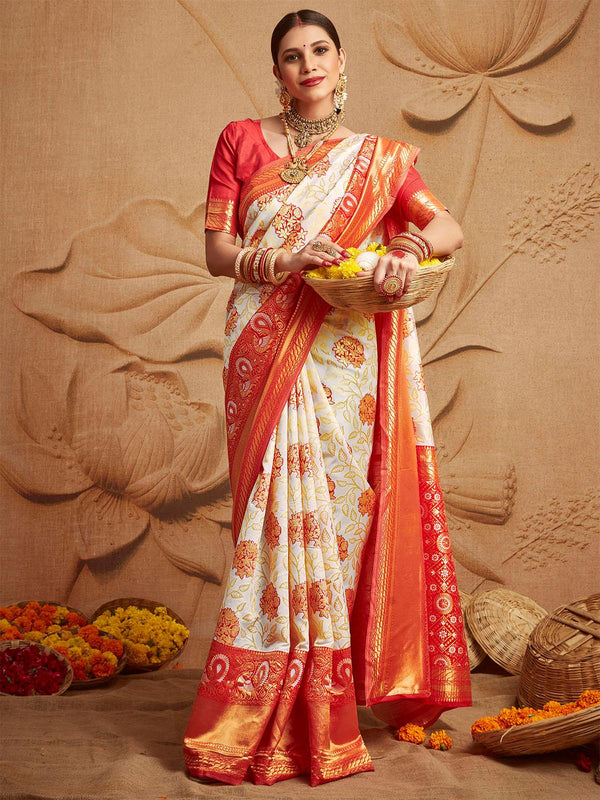 Women's Silk Blend Off White And Red Woven Designer Saree - Odette