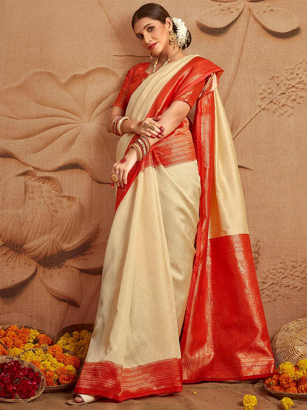 Women's Silk Blend Off White And Red Woven Designer Saree - Odette