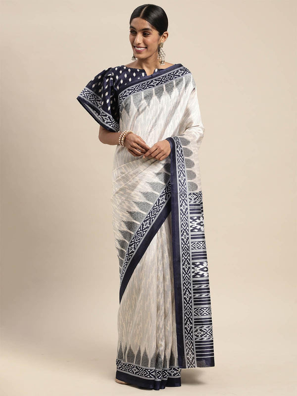 Women's Silk Blend Off White Printed Saree With Blouse Piece - Odette