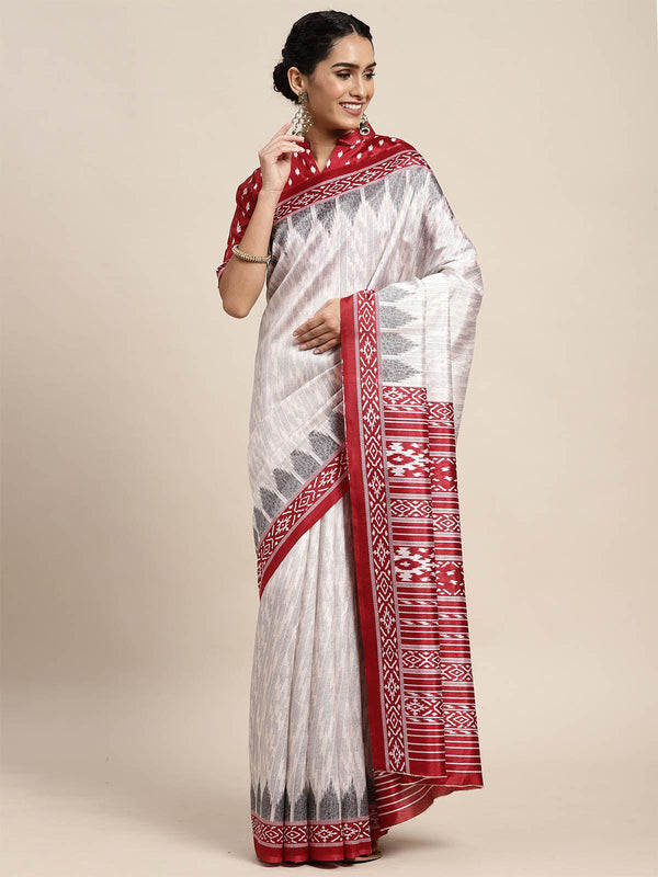 Women's Silk Blend Off White Printed Saree With Blouse Piece - Odette