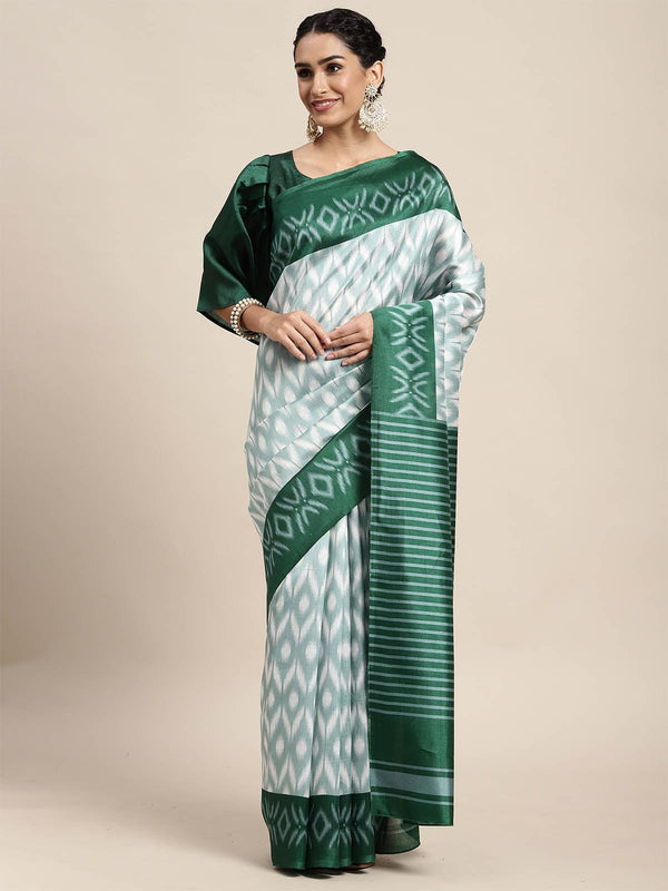 Women's Silk Blend Off White Printed Saree With Blouse Piece - Odette