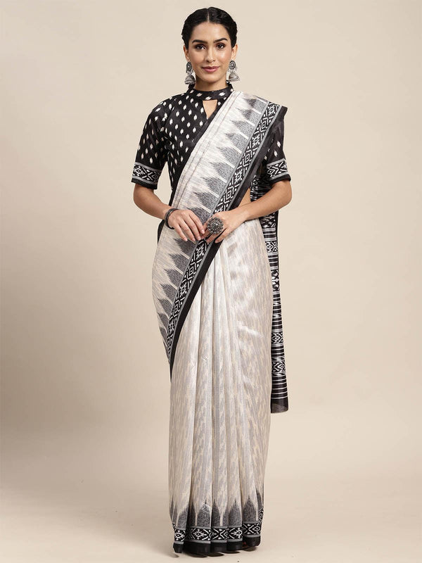 Women's Silk Blend Off White Printed Saree With Blouse Piece - Odette