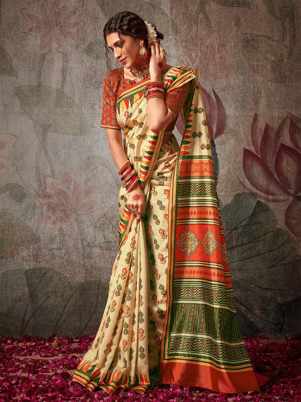 Women's Silk Blend Off White, Red And Green Printed Designer Saree - Odette