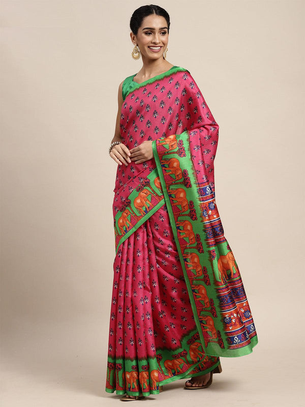 Women's Silk Blend Pink Printed Saree With Blouse Piece - Odette