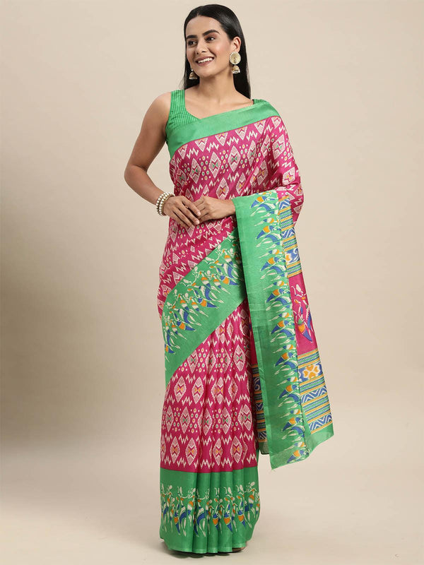 Women's Silk Blend Pink Printed Saree With Blouse Piece - Odette