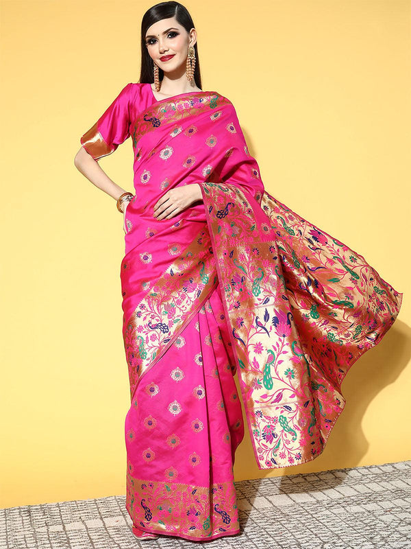 Women's Silk Blend Pink Woven Design Saree With Blouse Piece - Odette