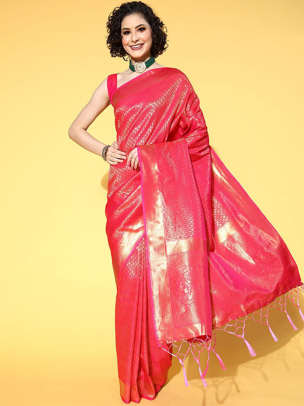 Women's Silk Blend Pink Woven Design Saree With Blouse Piece - Odette