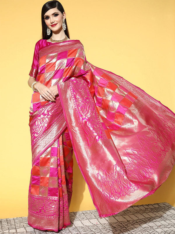 Women's Silk Blend Pink Woven Design Saree With Blouse Piece - Odette