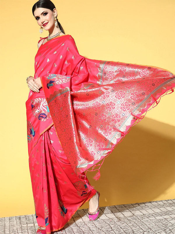 Women's Silk Blend Pink Woven Design Saree With Blouse Piece - Odette