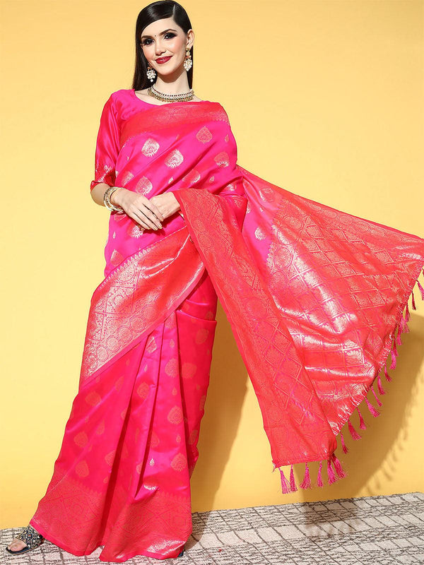 Women's Silk Blend Pink Woven Design Saree With Blouse Piece - Odette