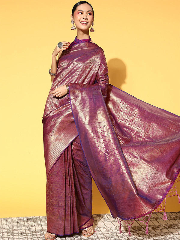 Women's Silk Blend Purple Woven Design Saree With Blouse Piece - Odette