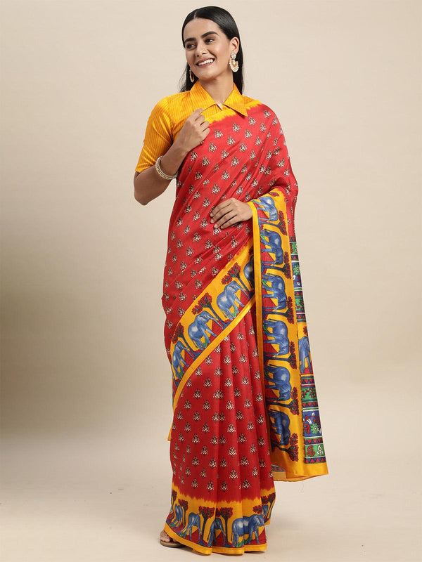 Women's Silk Blend Red Printed Saree With Blouse Piece - Odette