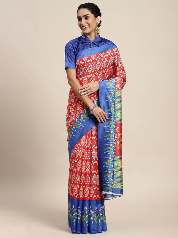 Women's Silk Blend Red Printed Saree With Blouse Piece - Odette