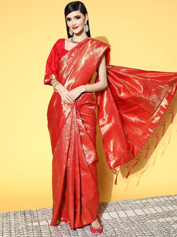 Women's Silk Blend Red Woven Design Saree With Blouse Piece - Odette