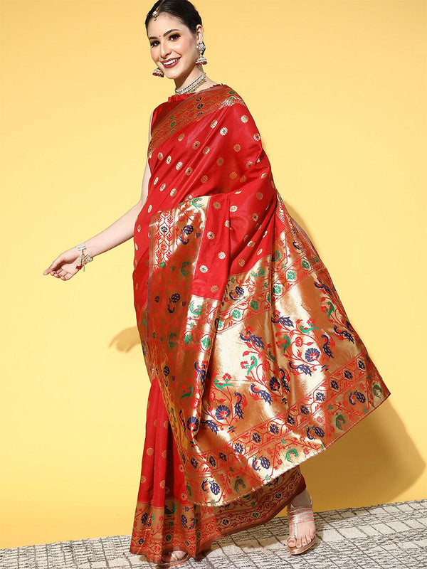 Women's Silk Blend Red Woven Design Saree With Blouse Piece - Odette