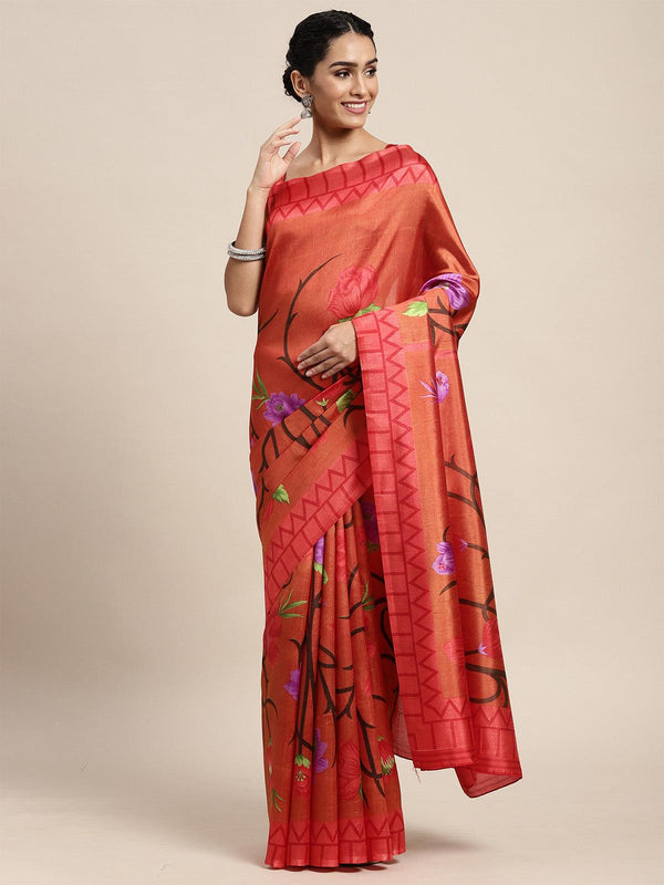 Women's Silk Blend Rust Printed Saree With Blouse Piece - Odette