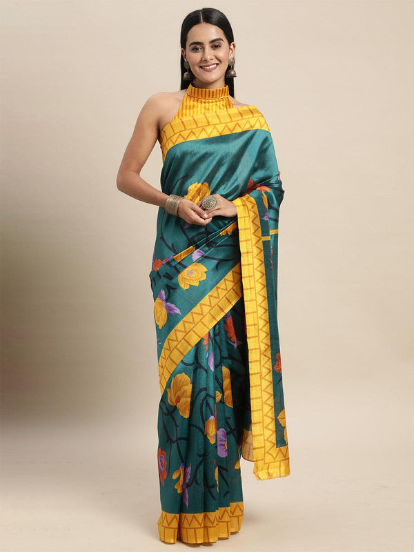 Women's Silk Blend Teal Blue Printed Saree With Blouse Piece - Odette