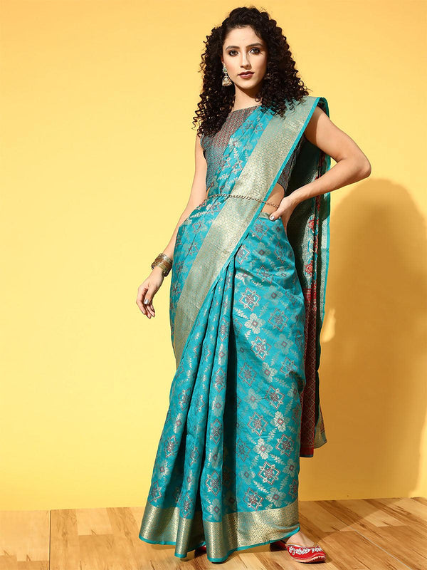 Women's Silk Blend Teal Blue Woven Design Saree With Blouse Piece - Odette