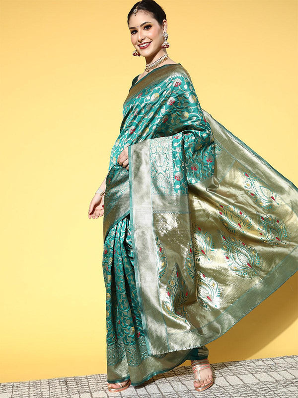 Women's Silk Blend Teal Green Woven Design Saree With Blouse Piece - Odette