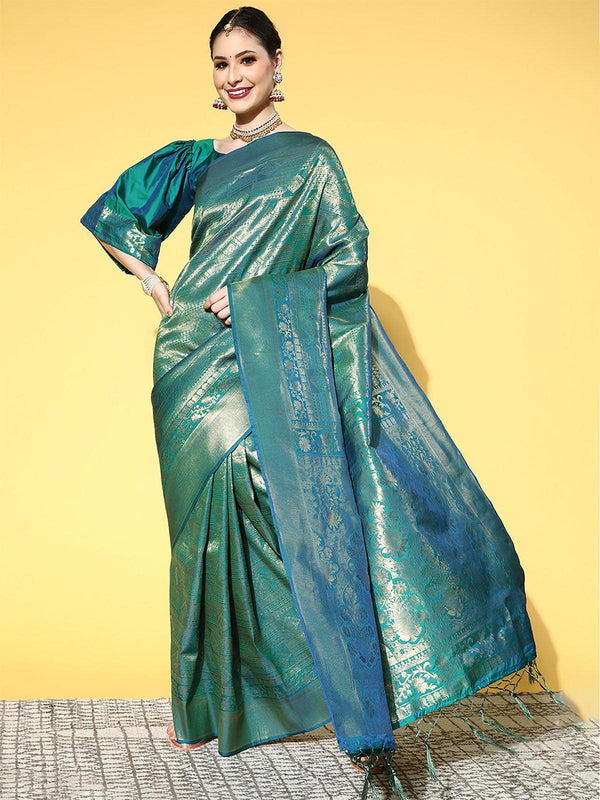 Women's Silk Blend Teal Green Woven Design Saree With Blouse Piece - Odette