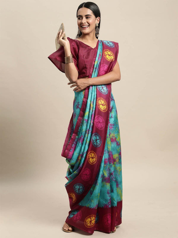 Women's Silk Blend Turquoise Printed Saree With Blouse Piece - Odette