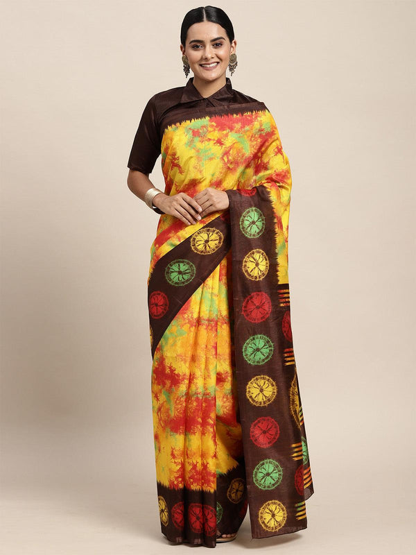 Women's Silk Blend Yellow Printed Saree With Blouse Piece - Odette