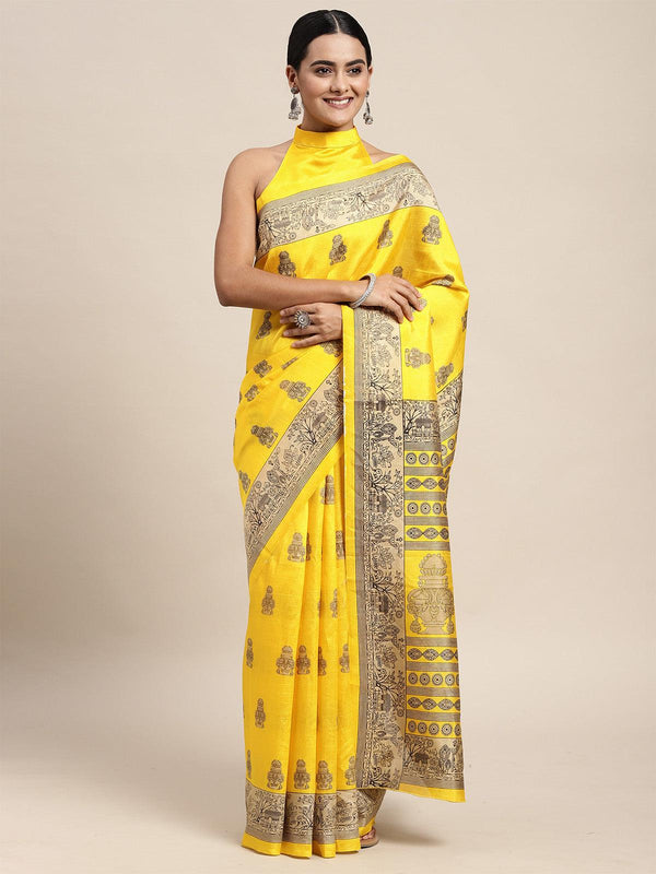 Women's Silk Blend Yellow Printed Saree With Blouse Piece - Odette