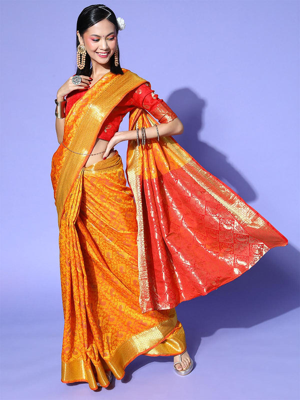 Women's Silk Blend Yellow Woven Design Saree With Blouse Piece - Odette