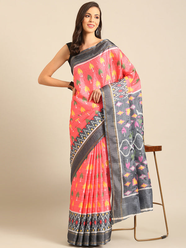 Women's Pink Cotton Saree With Un Stitched Blouse - Aanika