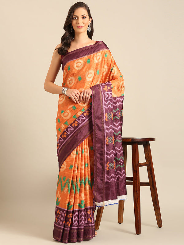 Women's Orange Cotton Saree With Un Stitched Blouse - Aanika