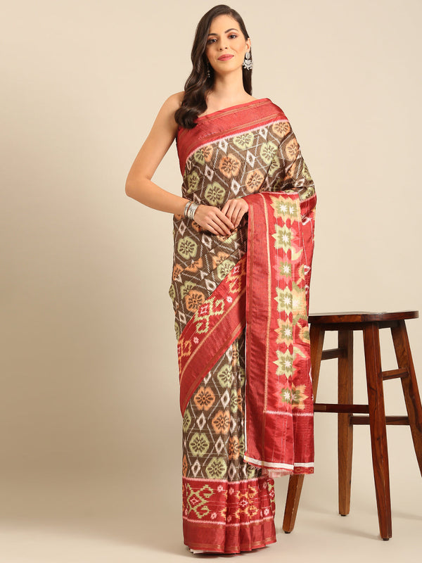 Women's Olive Green Cotton Saree With Un Stitched Blouse - Aanika