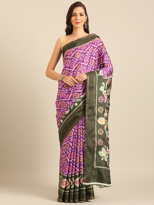 Women's Purple Cotton Saree With Un Stitched Blouse - Aanika