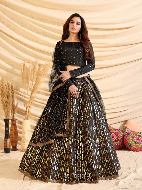 Women's Sizzling Black Tafetta Silk Lehenga Set - Odette