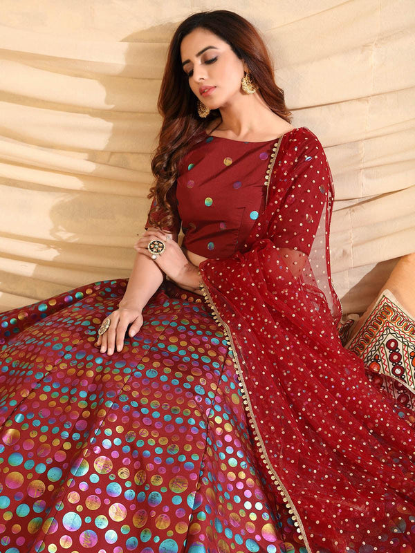 Women's Sizzling Maroon Tafetta Silk Lehenga Set - Odette