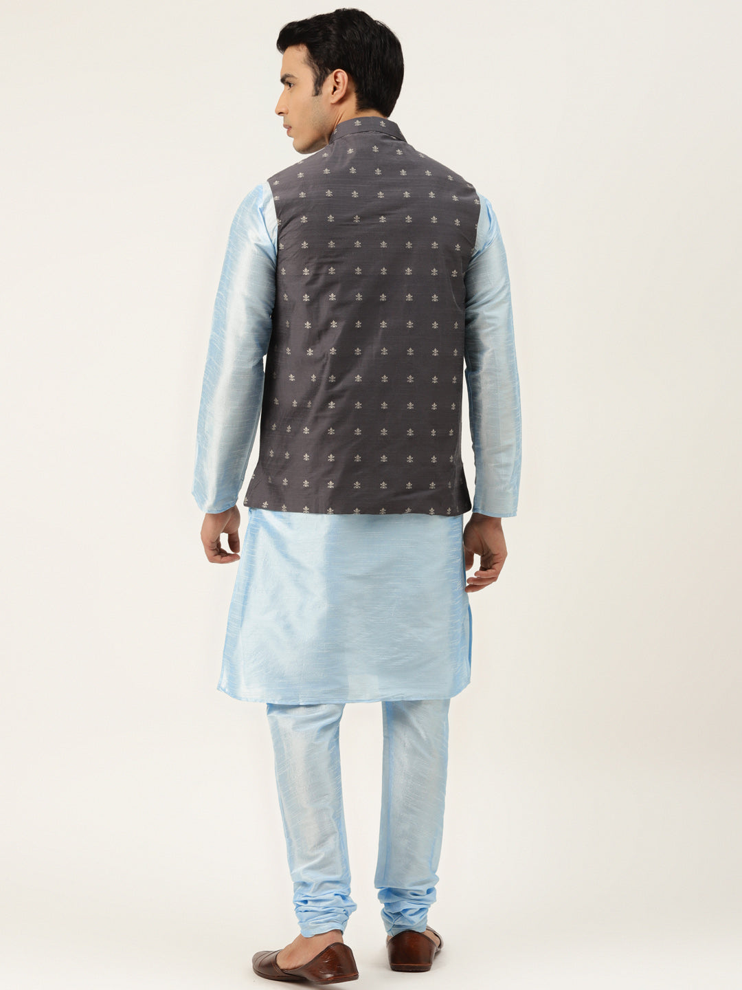 Men's Silk Blend Skyblue Kurta Pyjama & Grey Nehrujacket Combo - Sojanya