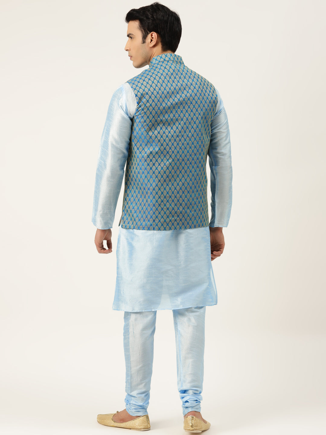 Men's Silk Blend Skyblue Kurta Pyjama & Peacockblue Nehrujacket Combo - Sojanya